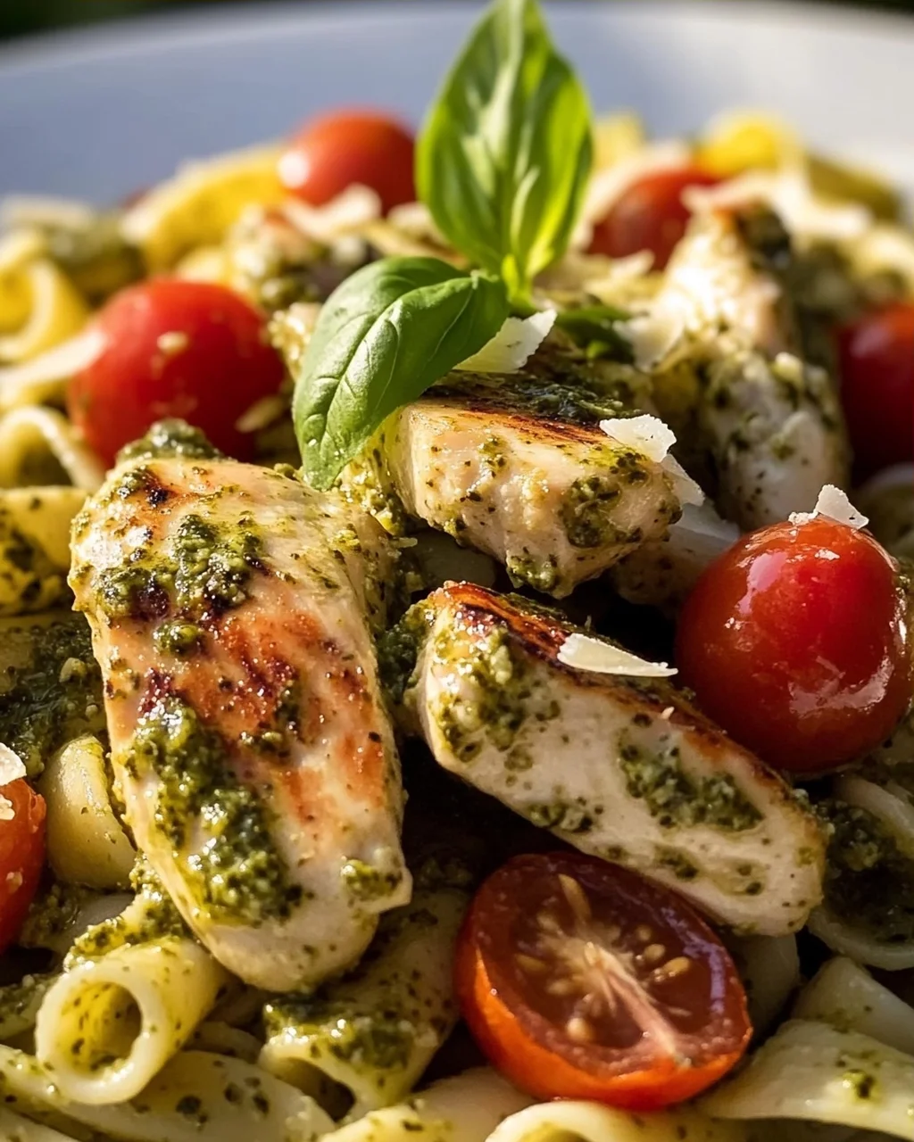 Aromatische Pesto Hähnchen Pasta mit süßen Kirschtomaten