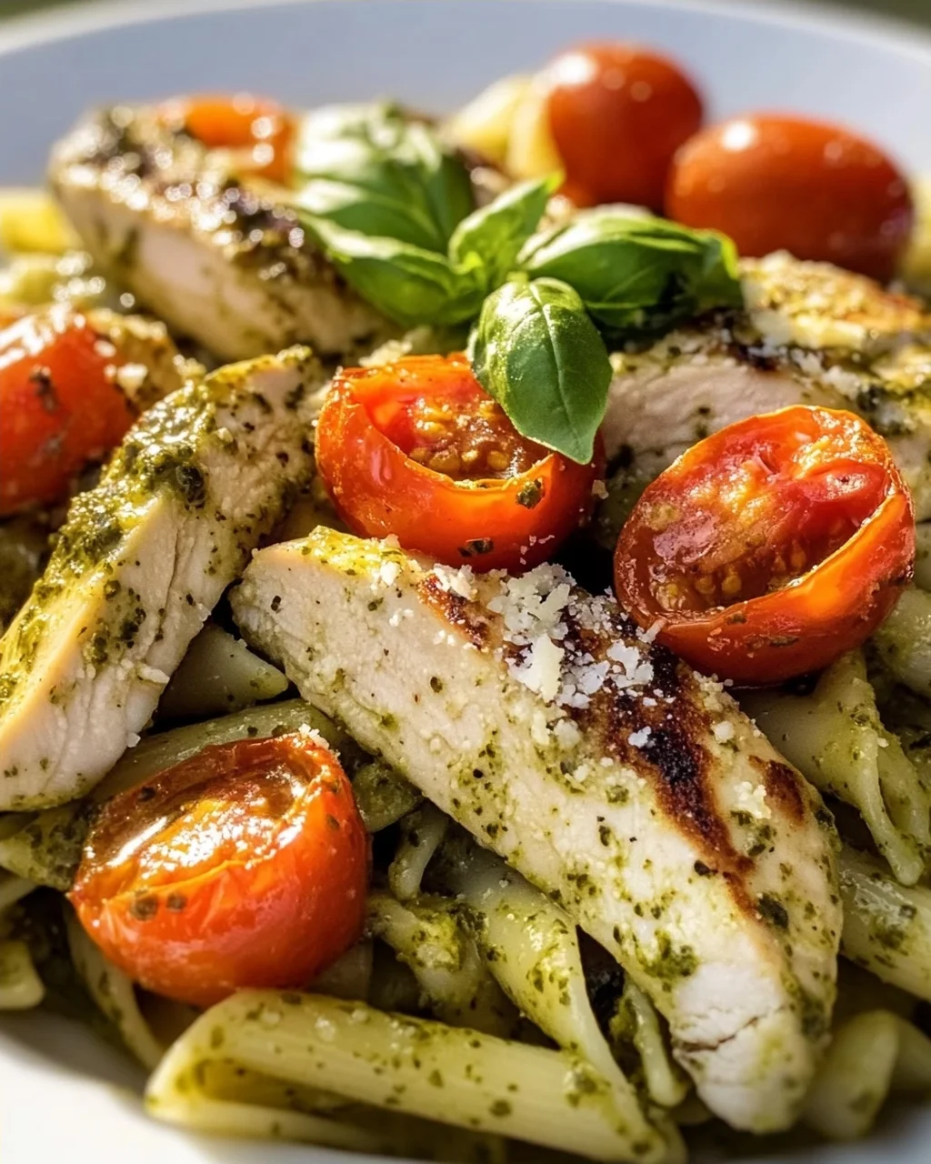 Aromatische Pesto Hähnchen Pasta mit süßen Kirschtomaten