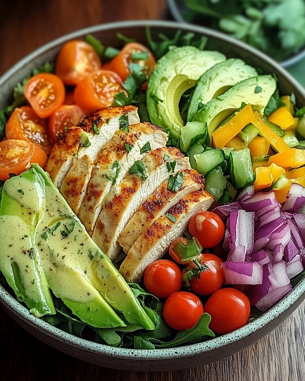 Bunte Salat Bowl mit Avocado, Hähnchen und Knoblauchdressing