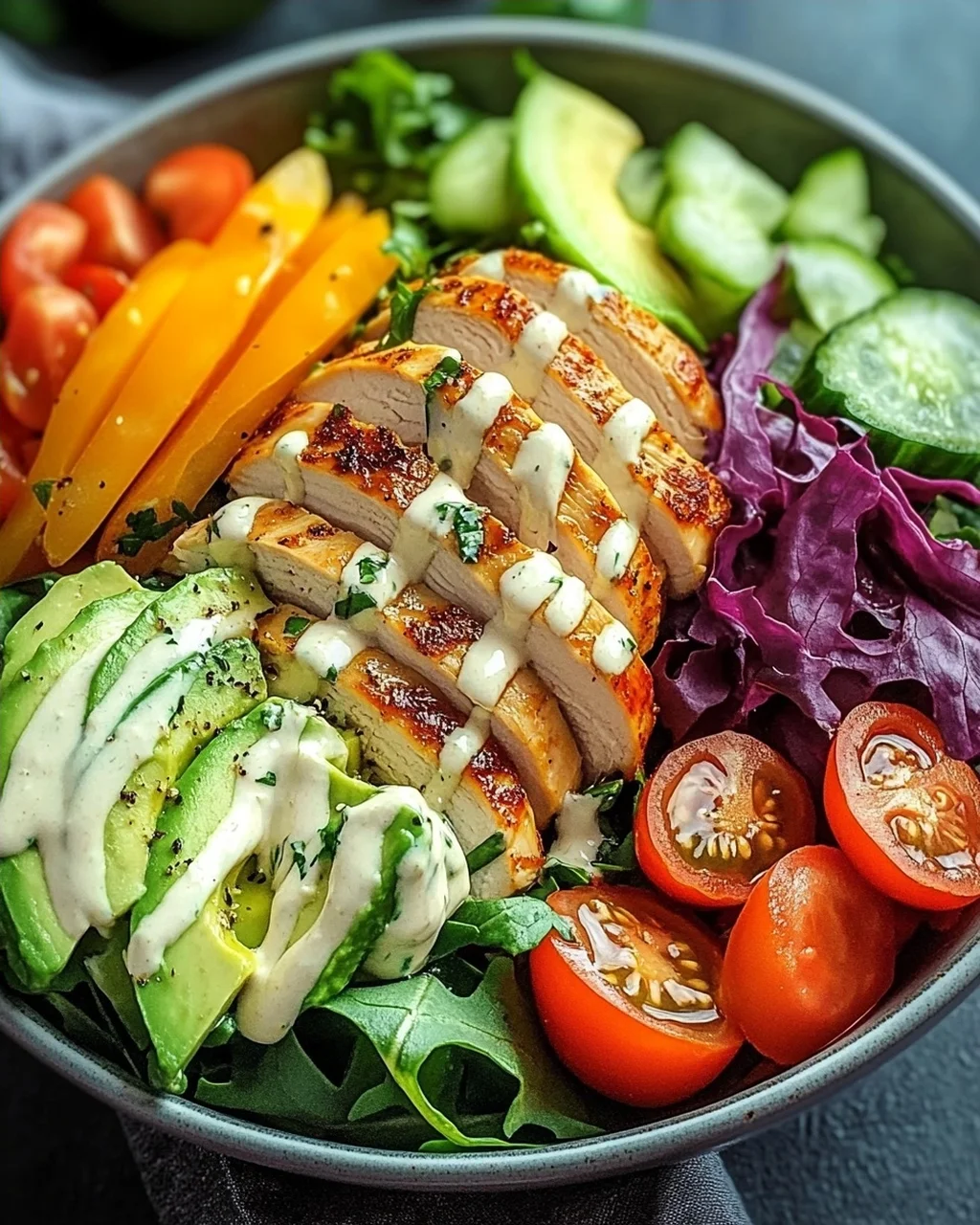 Bunte Salat Bowl mit Avocado, Hähnchen und Knoblauchdressing