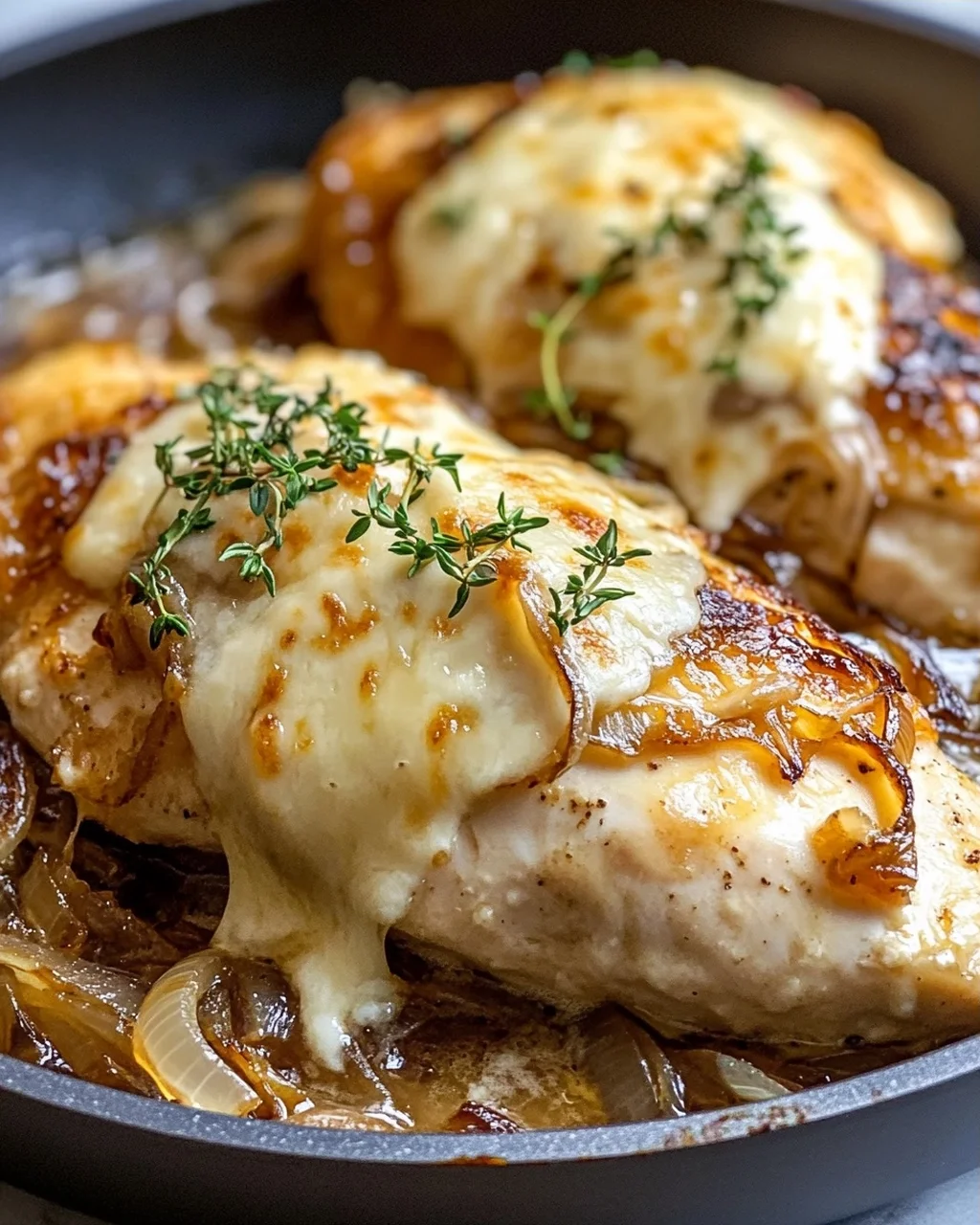 Cremige French Onion Hähnchenpfanne mit geschmolzenem Gruyère