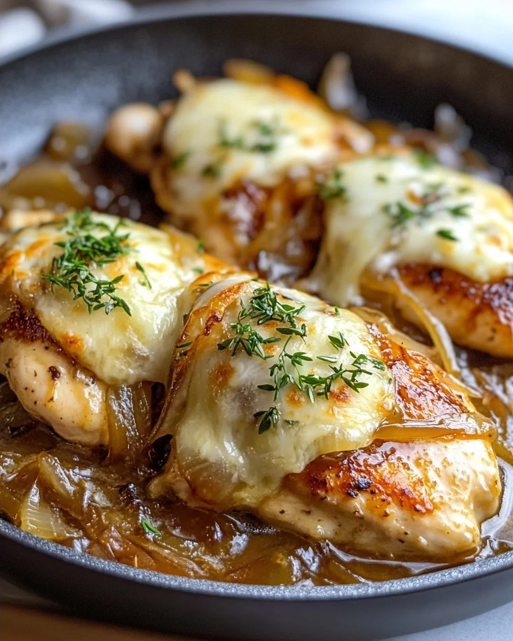 Cremige French Onion Hähnchenpfanne mit geschmolzenem Gruyère