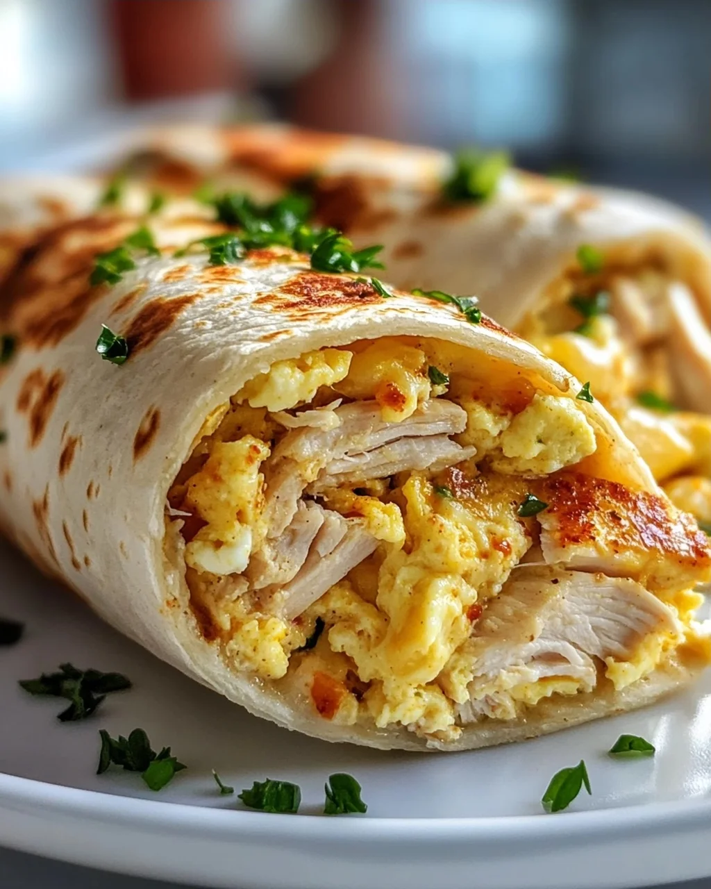 Cremige Käse-Knoblauch Hähnchen Frühstücks-Wraps mit Rührei