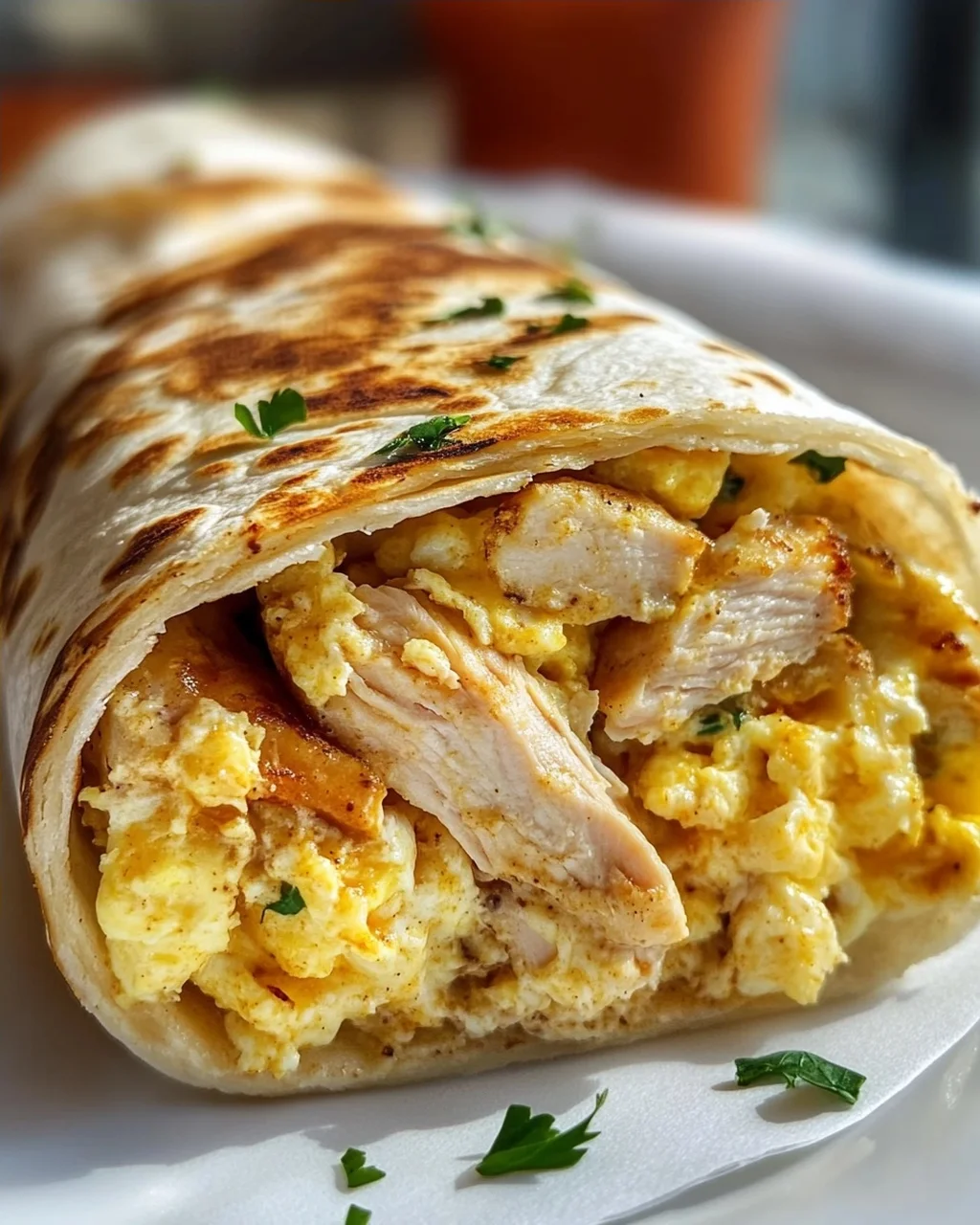 Cremige Käse-Knoblauch Hähnchen Frühstücks-Wraps mit Rührei