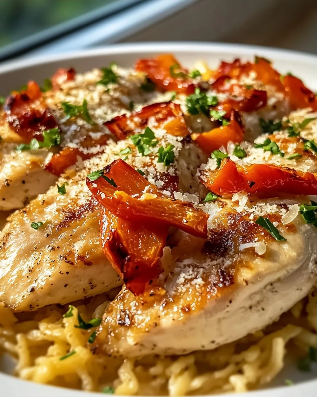 Das Beste Parmesan-Hähnchen mit Gerösteter Paprika
