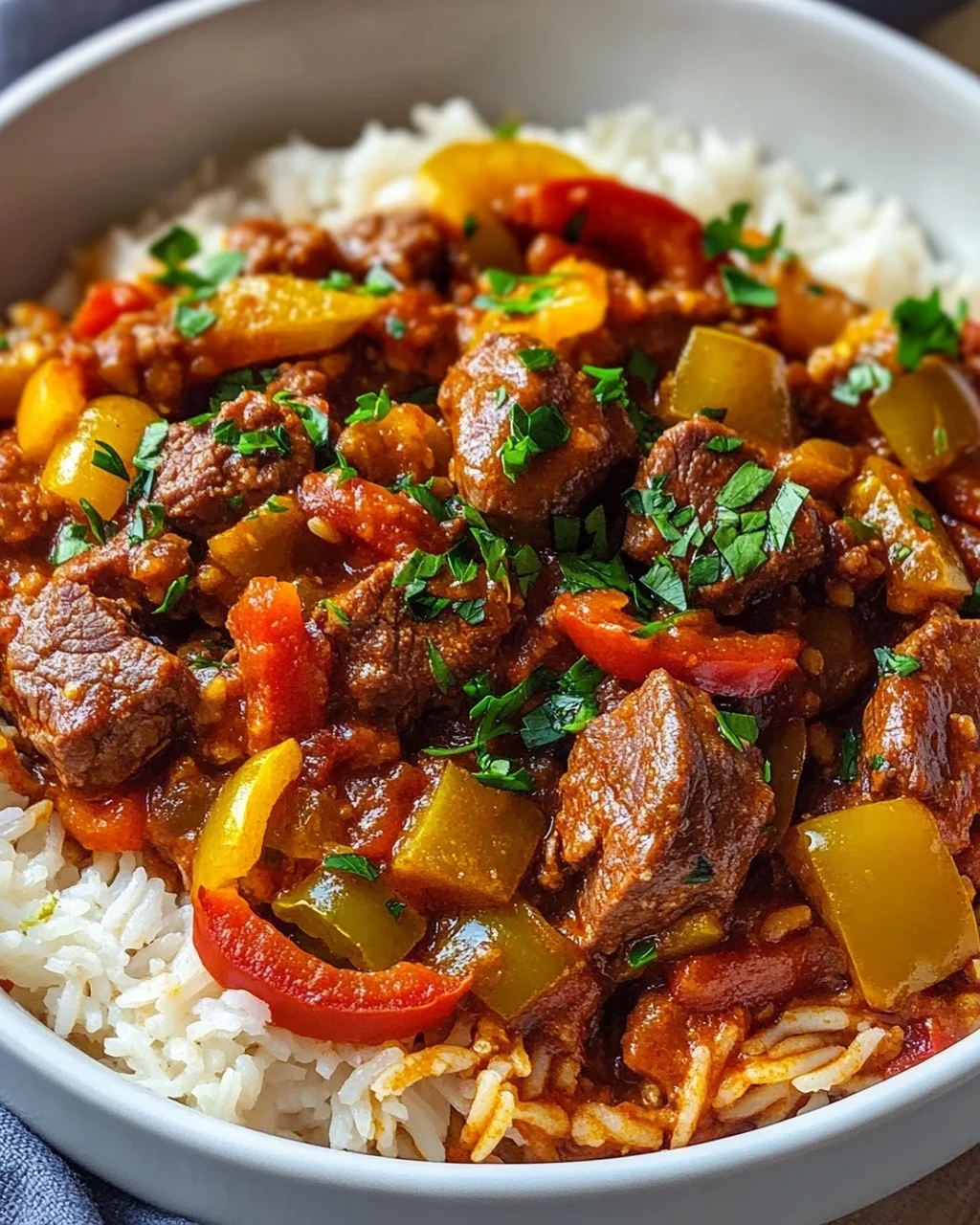 Familienfreundliches Rinder-Gulasch mit Paprika-Reis