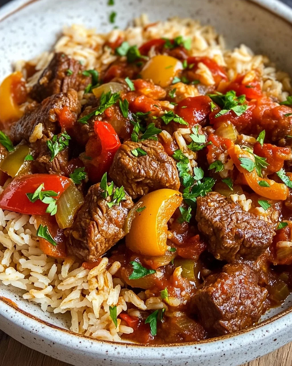 Familienfreundliches Rinder-Gulasch mit Paprika-Reis