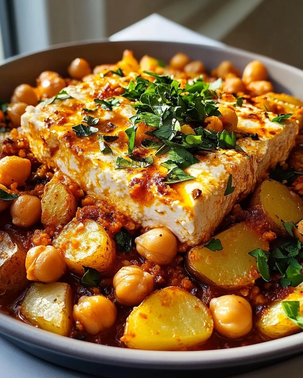 Feta-Kartoffel-Kichererbsen-Harissa-Auflauf: Schnell & Lecker
