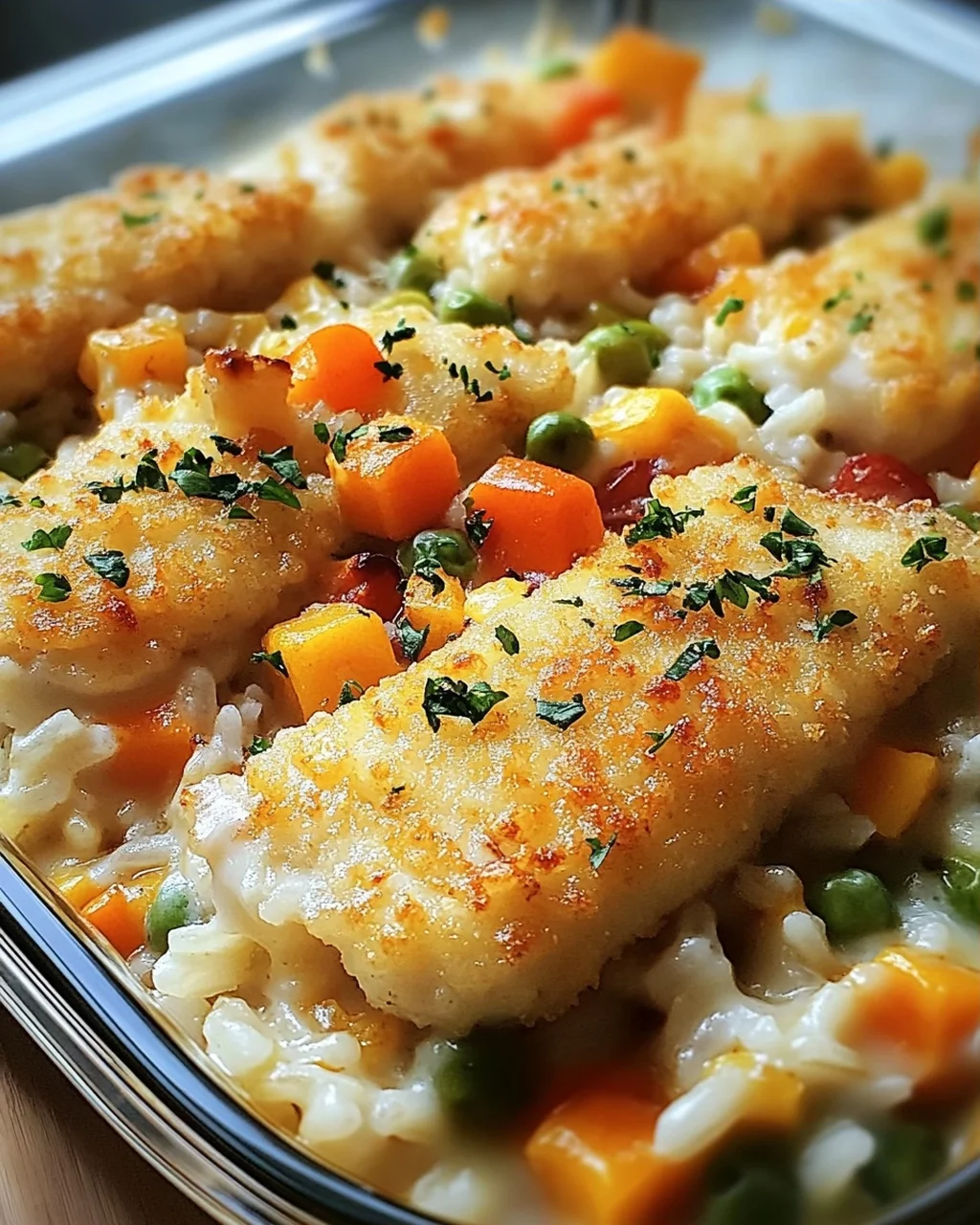 Fischstäbchen-Auflauf mit Reis und Gemüse