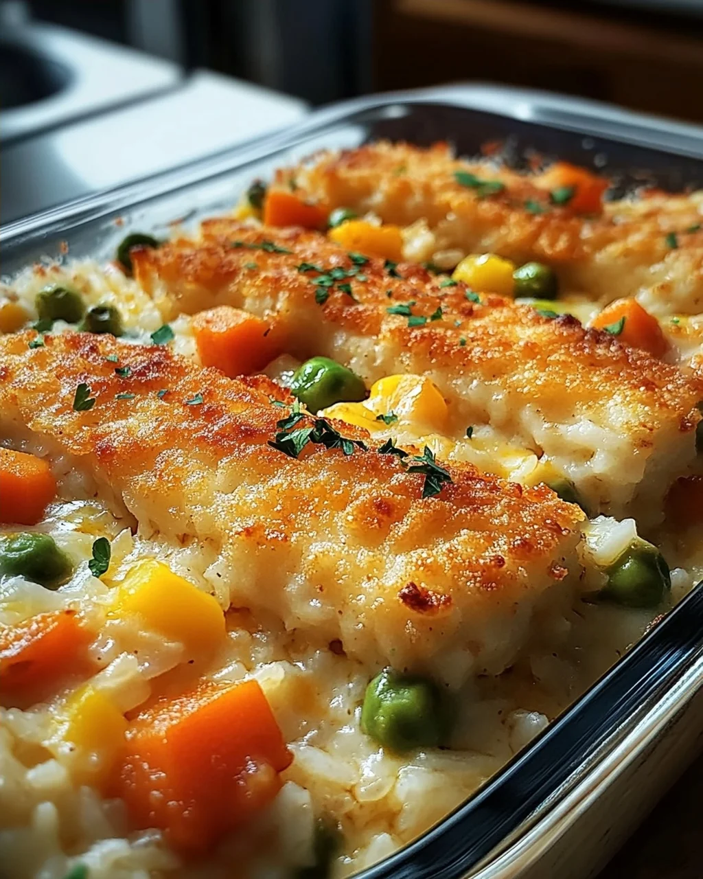Fischstäbchen-Auflauf mit Reis und Gemüse