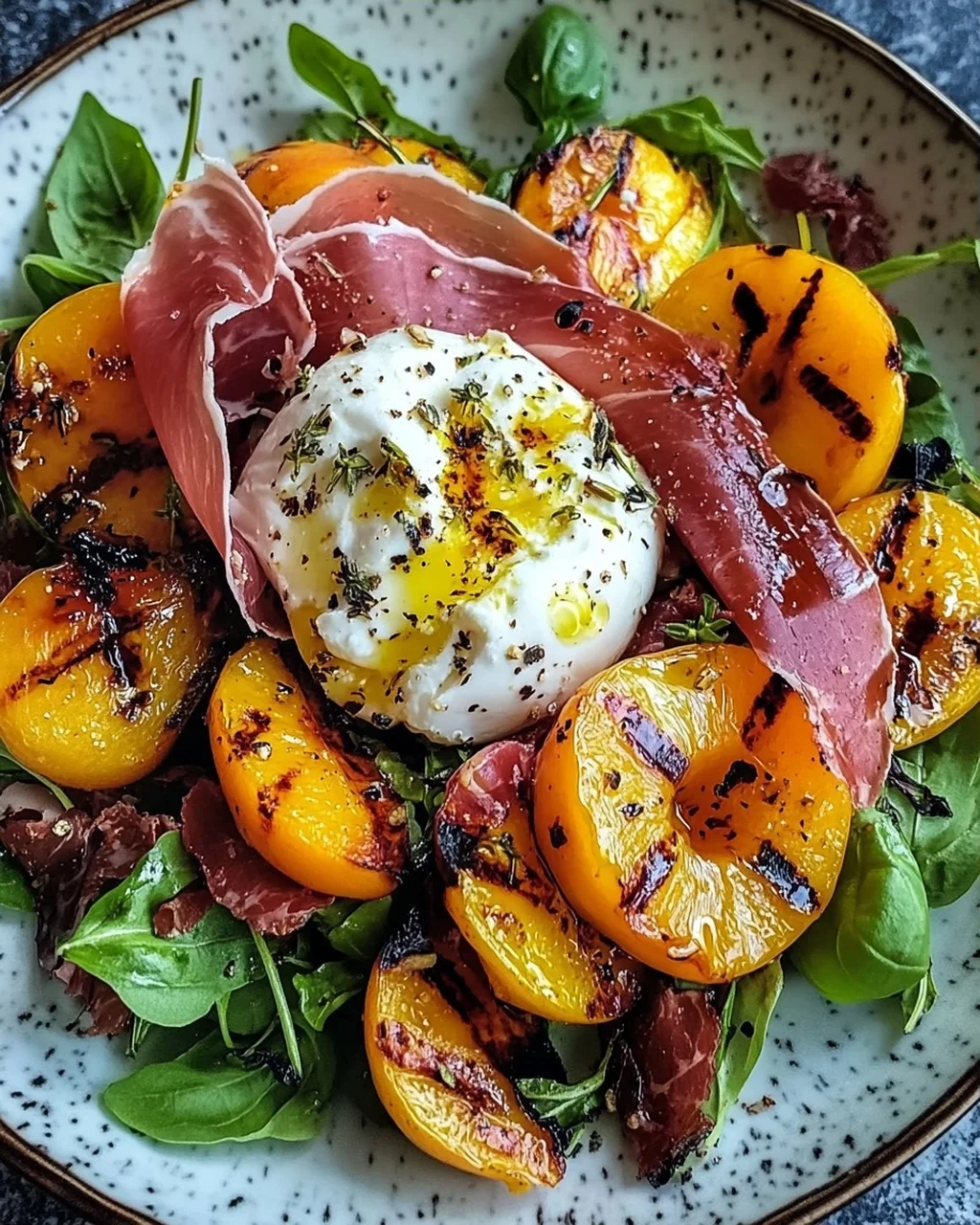Gegrillter Nektarinen-Burrata-Prosciutto-Salat