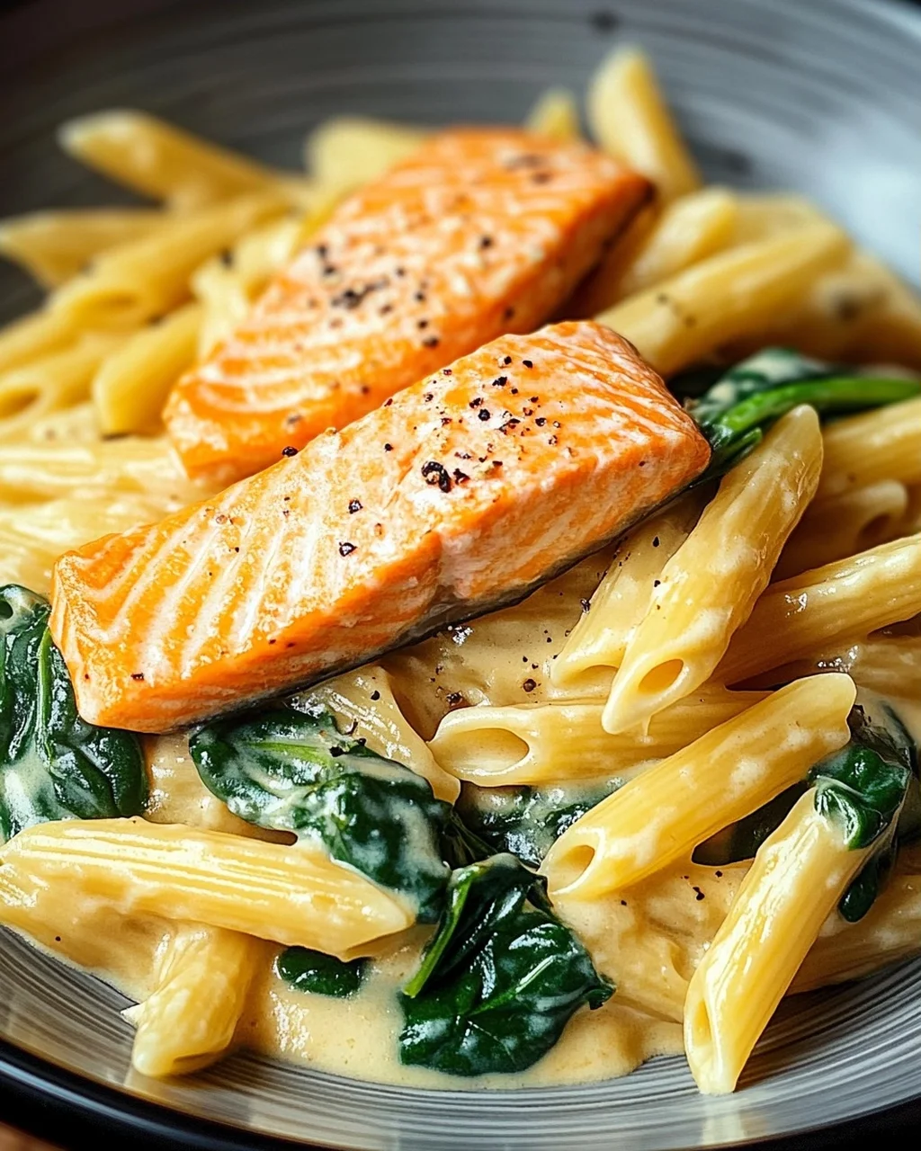 Lachs Penne mit Spinat