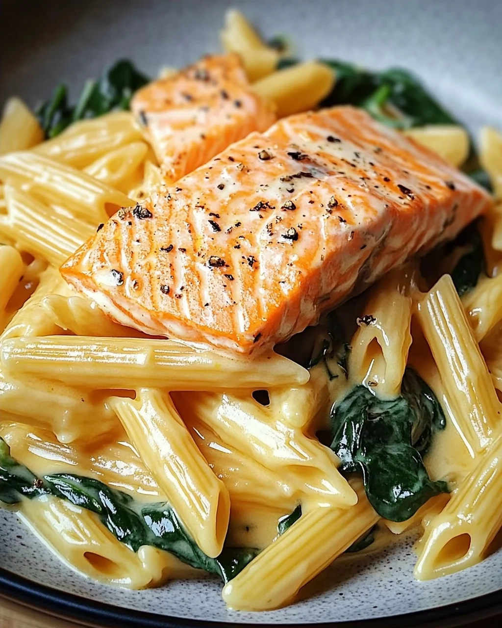 Lachs Penne mit Spinat