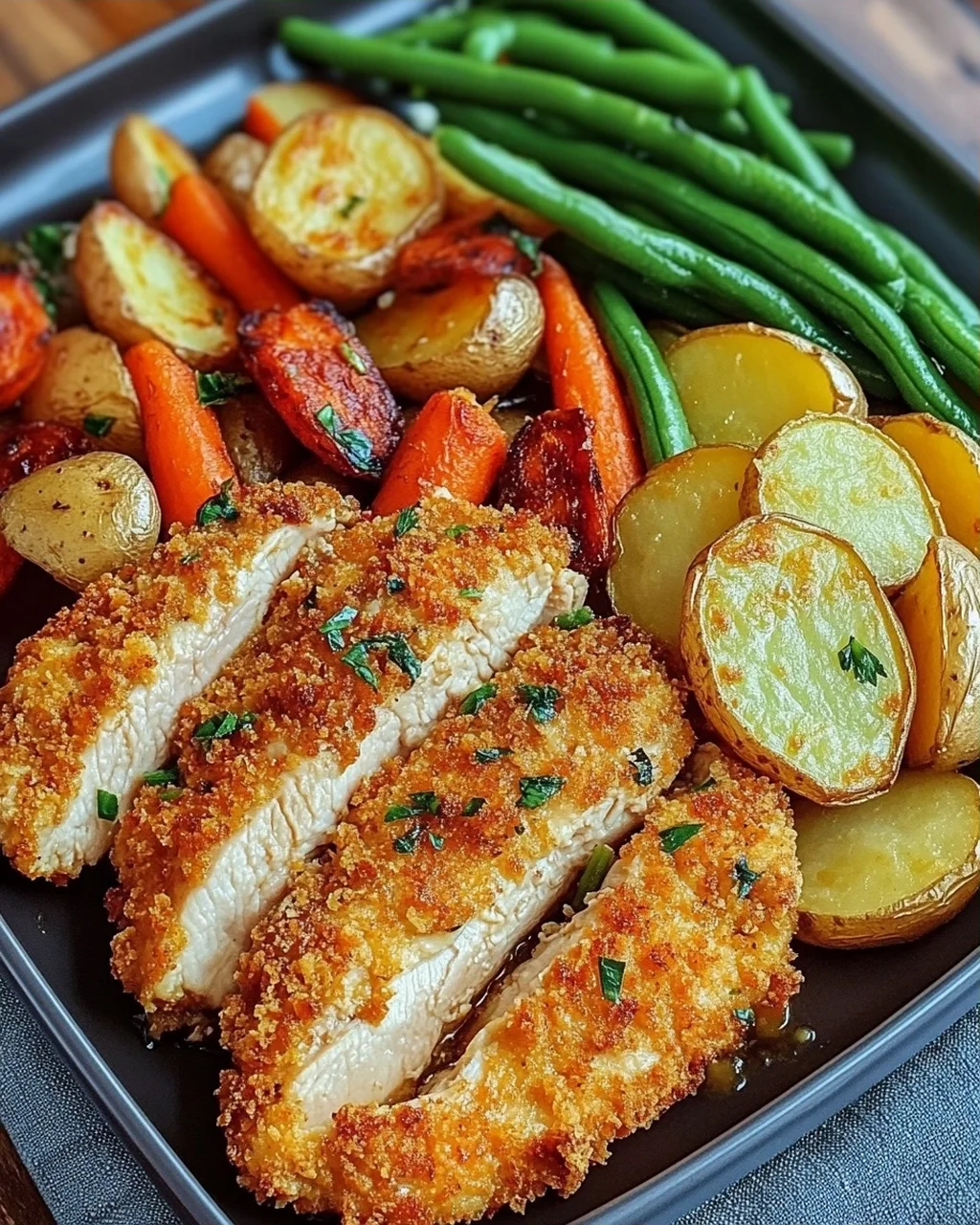 Panierte Parmesan Hähnchenschnitzel aus dem Ofen mit Gemüse und Kartoffelecken