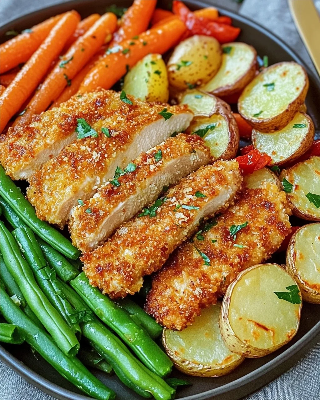 Panierte Parmesan Hähnchenschnitzel aus dem Ofen mit Gemüse und Kartoffelecken