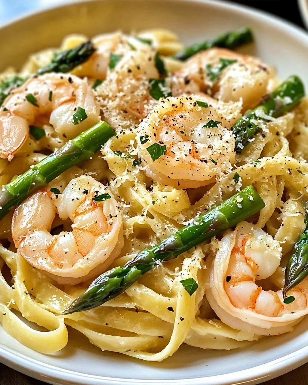 Pasta mit grünem Spargel und Garnelen ganz einfach