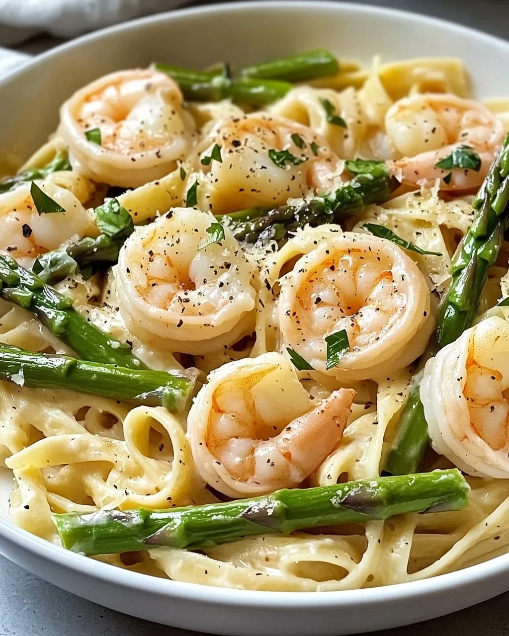 Pasta mit grünem Spargel und Garnelen ganz einfach