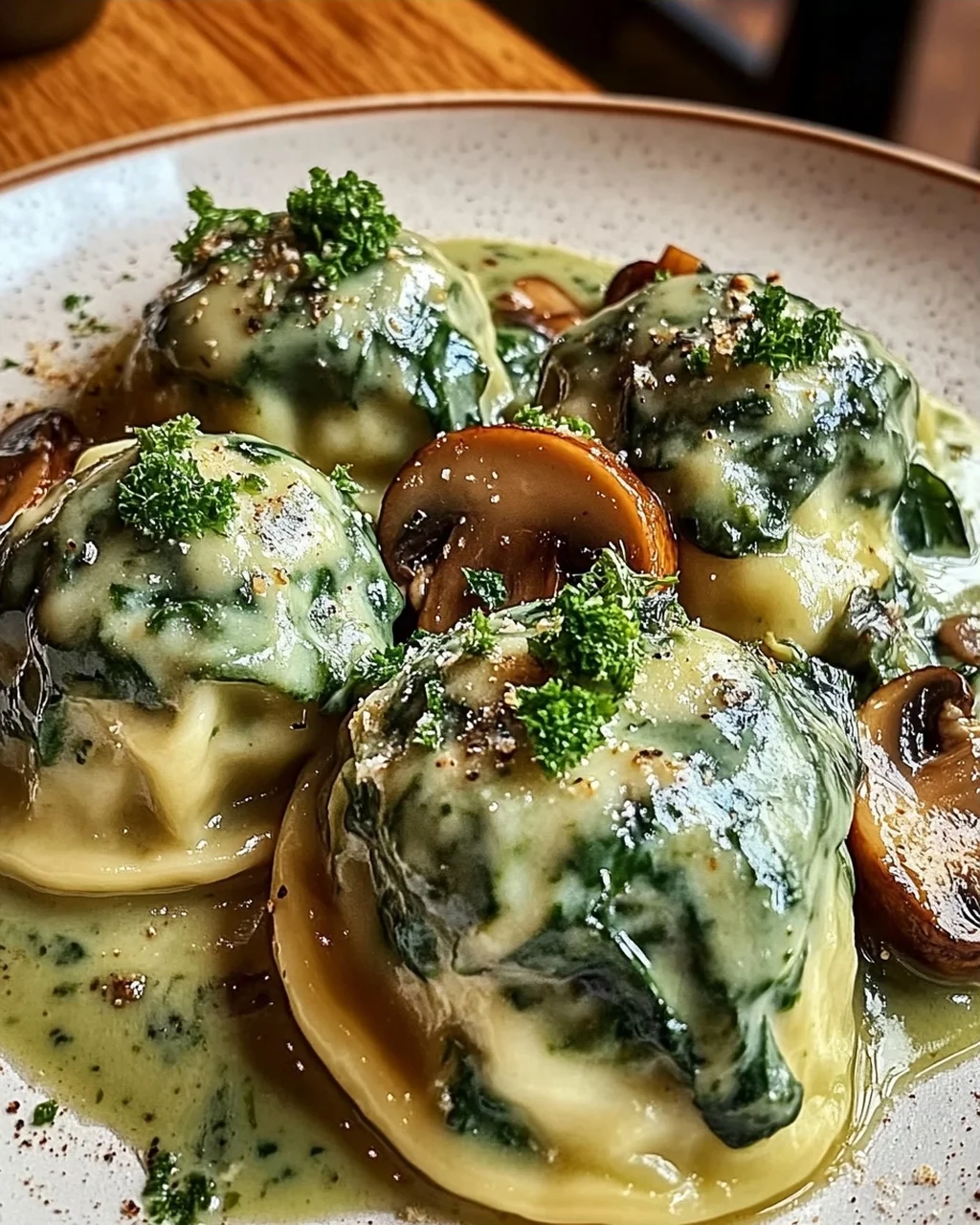 Spinat-Knödel mit Pilzragout