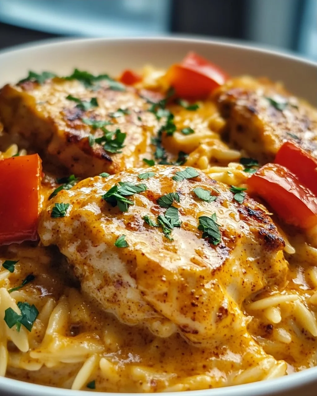 Überbackenes Paprika Sahne Hähnchen mit Orzo und Käse Rezept