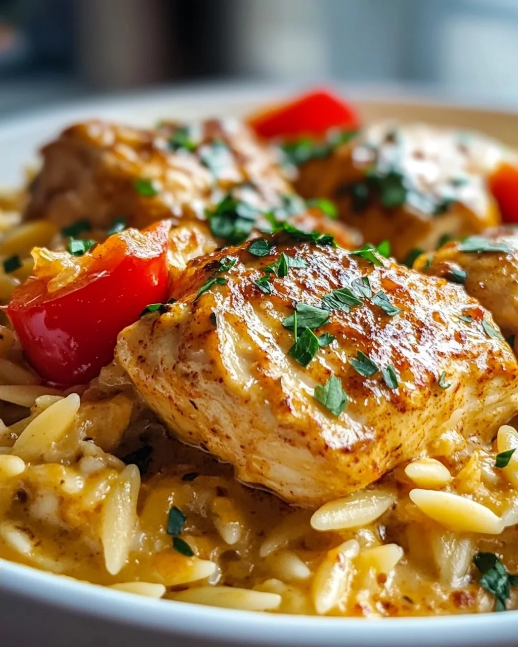 Überbackenes Paprika Sahne Hähnchen mit Orzo und Käse Rezept