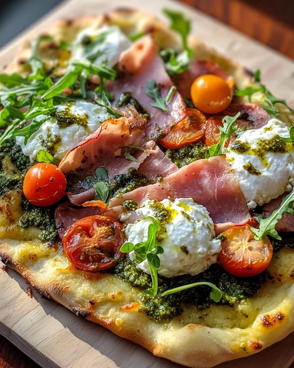 Unglaubliches Pesto Beef Ham Burrata Flatbread Rezept