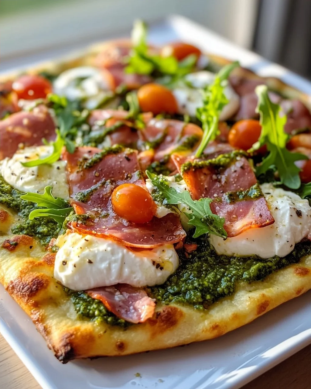 Unglaubliches Pesto Beef Ham Burrata Flatbread Rezept